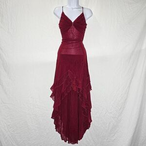 vintage y2k 90s red layered tiered v neck midi gothic dress